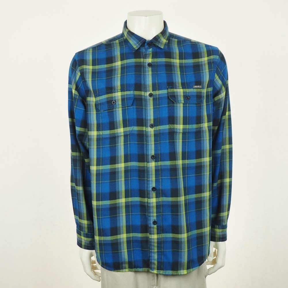 Eddie Bauer Travex Flannel Button Down Shirt Mens Large Blue Plaid Outdoor Camp